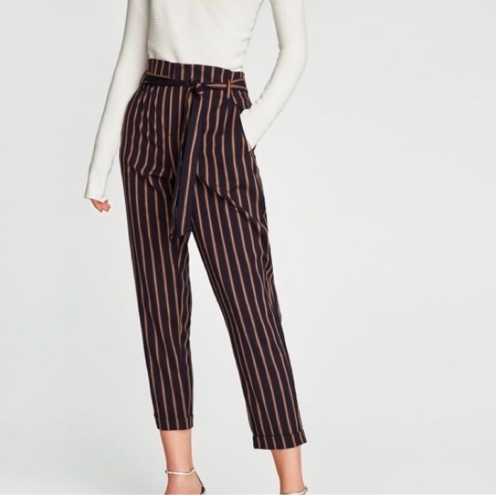 Zara Navy Striped High-Waist Pants